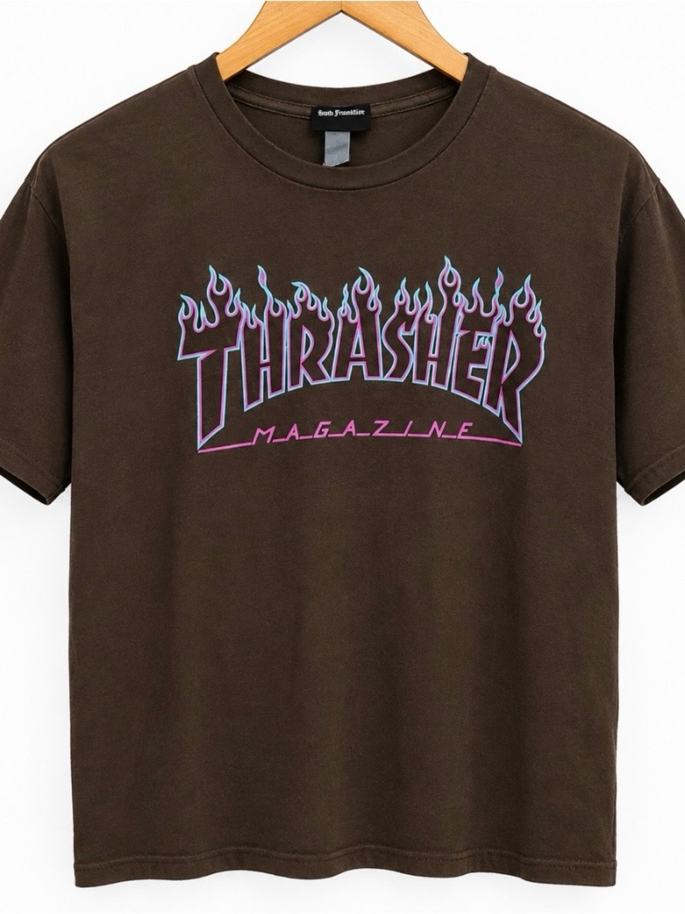 Thrasher Brown Tee with Purple & Blue Flame Logo